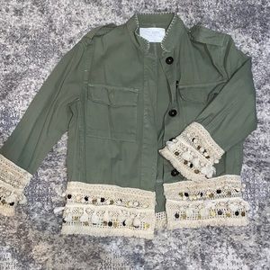 Gently used, light, army green Zara jacket with tassel & medallion detailing